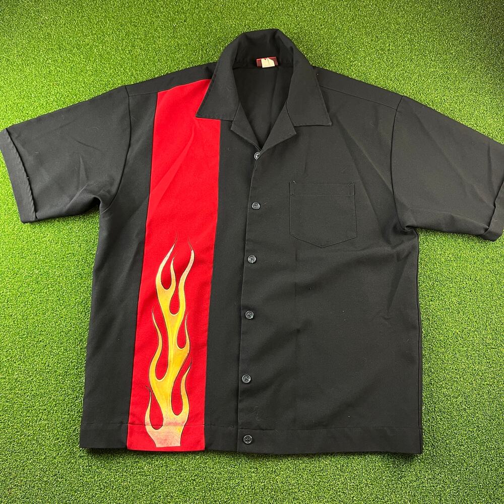 Vintage 90s Y2K Venue Led Sled Black & Red Flame Cigar Bowling Shirt Sz L
